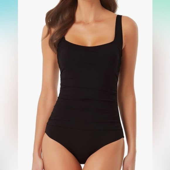 NWT Anne Cole - Square Neck Shirred One Piece  Black - Picture 1 of 7